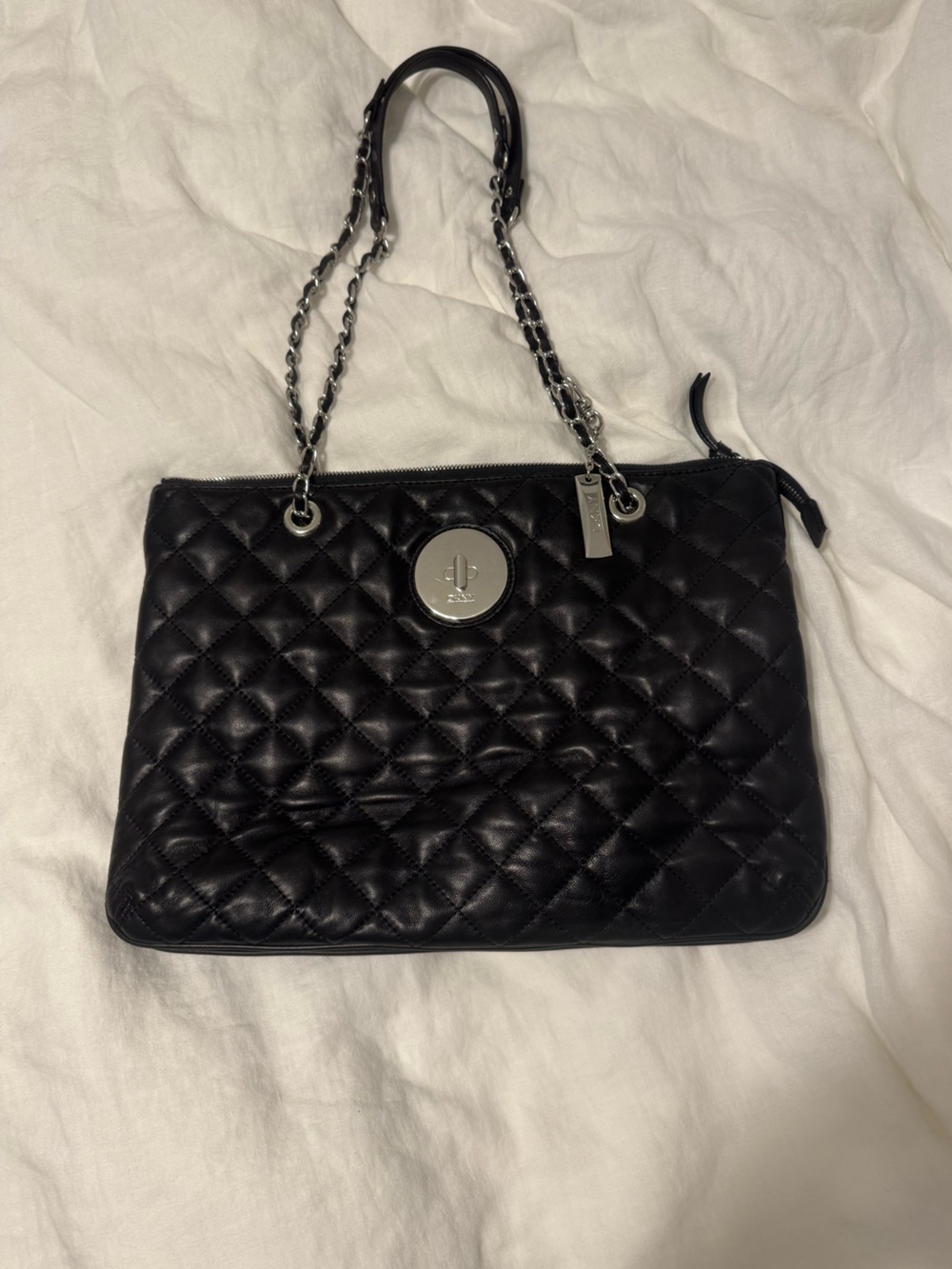 DKNY Quilted Leather Shoulder Bag Black with Silver Hardware Moto Luxe City - Picture 2 of 9